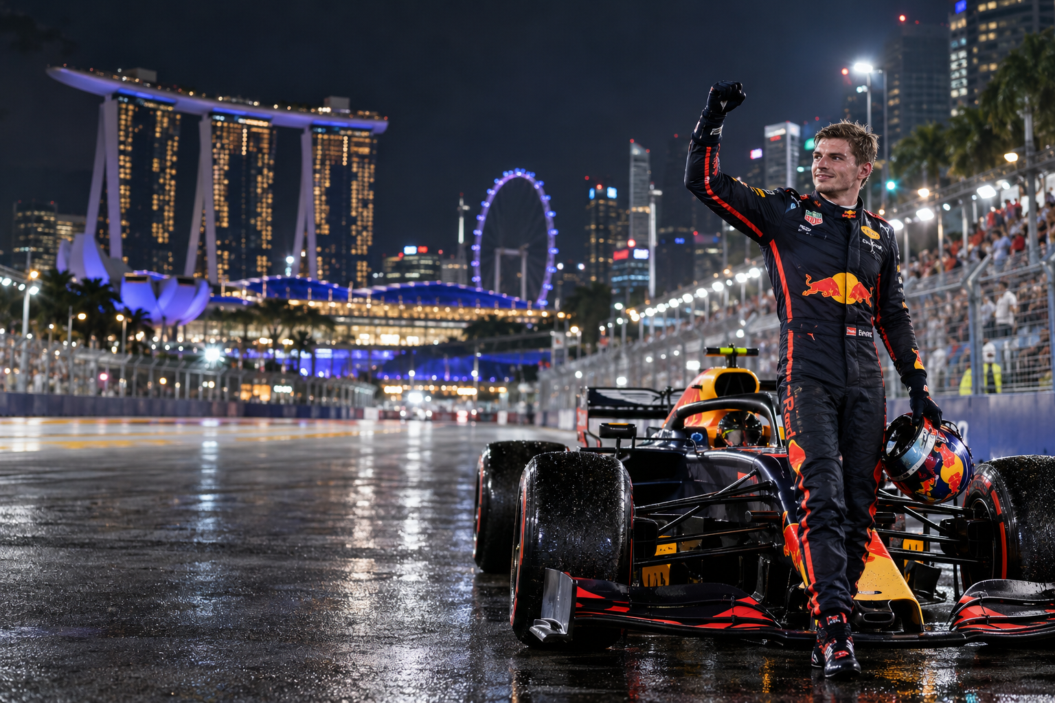 Immagine editoriale illustrativa di Max Verstappen accanto a una monoposto sul circuito notturno di Singapore.